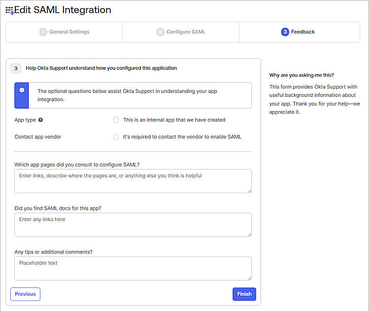 Screenshot of Okta, create Feedback of SAML integration